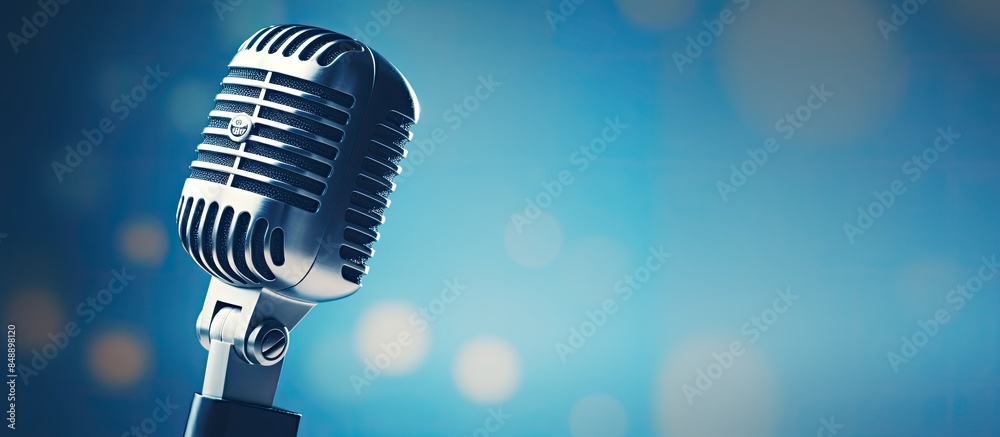 Wall mural a close up of a microphone in a recording studio or radio station on a blue background ideal for tec