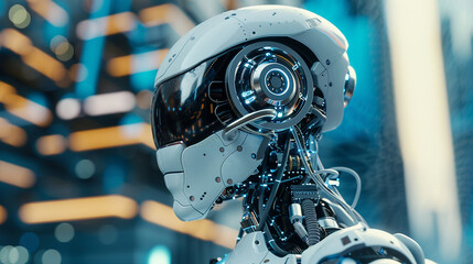 A robot with a human head showcasing AI Artificial Intelligence technology and a digital brain engin