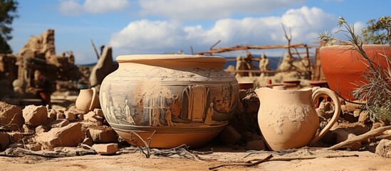 An outdoor restoration stage of a prehistoric ceramic vessel with copy space image available