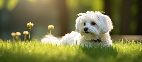Obraz premium Adorable Maltese dog relaxing on lush green grass with ample copy space image