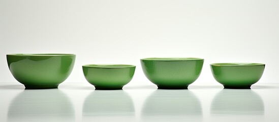 Elegant green ceramic bowls displayed on a white backdrop with copy space image available