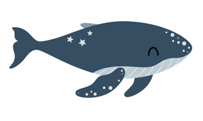 Whale clipart in cartoon flat style. Ocean animal clipart. Ocean clipart. Nautical hand drawn vector illustration.