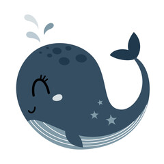 Whale clipart in cartoon flat style. Ocean animal clipart. Ocean clipart. Nautical hand drawn vector illustration.