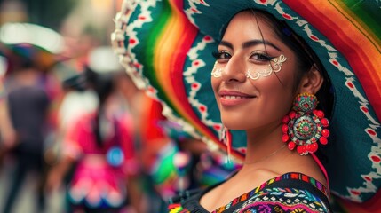 Obraz premium Vivid photo of a Mexican dark skinned woman in traditional attire, wearing big earrings and colorful sombrero
