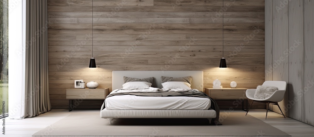 Sticker Contemporary bedroom with a wooden wall and straightforward furnishings ideal for a copy space image