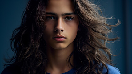 Fototapeta premium Happy cheerful young latino generation z. Smiling ethnic cool generation z teenage student, long hair, blue background.