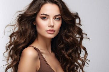Luxurious portrait of woman with elegant brown wavy hair and makeup