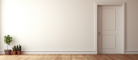 A room with wooden floors and white walls featuring an open door to the kitchen with room for text or images. Copy space image. Place for adding text and design
