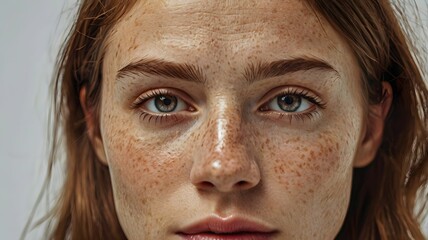 Fototapeta premium Close-up face of attractive young woman with melasma (hyperpigmentation often caused by hormonal changes) or freckles ( flat skin spots usually caused by genetics and exposure to the sun)