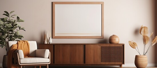 Brown living room interior featuring a mock up poster frame copy space image wooden sideboard rattan armchair vase with branch candlestick and personal accessories for home decor