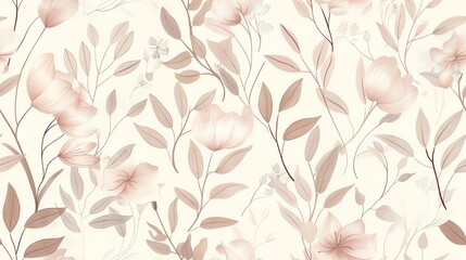 Fototapeta premium Delicate seamless pattern with hand-drawn flora in pastel light pink, cream, and brown shades