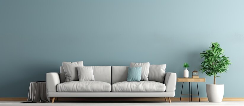 Home interior decoration featuring a blue and grey wall background showcasing a sofa carpet table frame and desk style with a copy space image