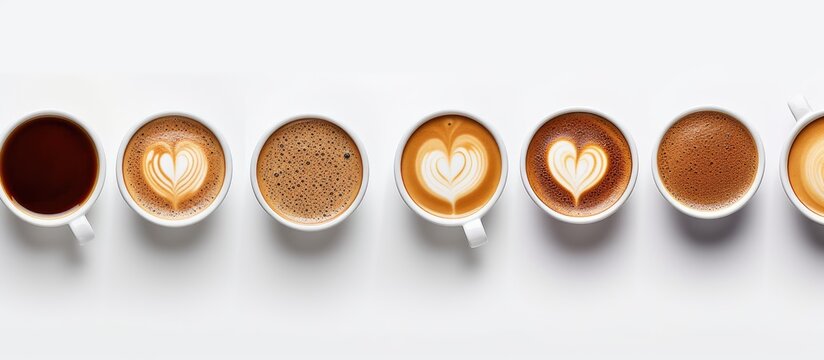 Top view of numerous coffee drinks on a white background with copy space image