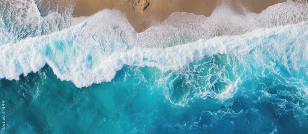 Sticker Aerial view of a coastal scene with vivid ocean colors captured by a drone featuring powerful waves with a spacious backdrop perfect for a copy space image