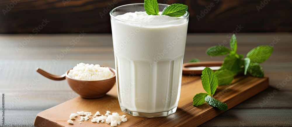 Sticker High protein cottage cheese milkshake blended with yogurt creating a nutritious drink with a creamy texture and a delicious taste perfect for a healthy lifestyle copy space image