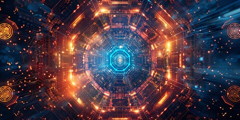 Fototapeta premium A hexagon, mystical design inspired by the I Ching, with ancient Chinese symbols and hexagrams. surrounded by an intricate pattern of trigrams. The background is a gradient of deep blues and purples, 