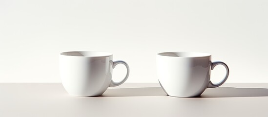 Fototapeta premium Two empty cups placed on a white background with a soft shadow and reflection providing a copy space image