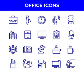 Simple Set of Office Related Vector Line Icons. Contains such Icons as Business Meeting, Workplace, Office Building, Reception Desk and more. DN12