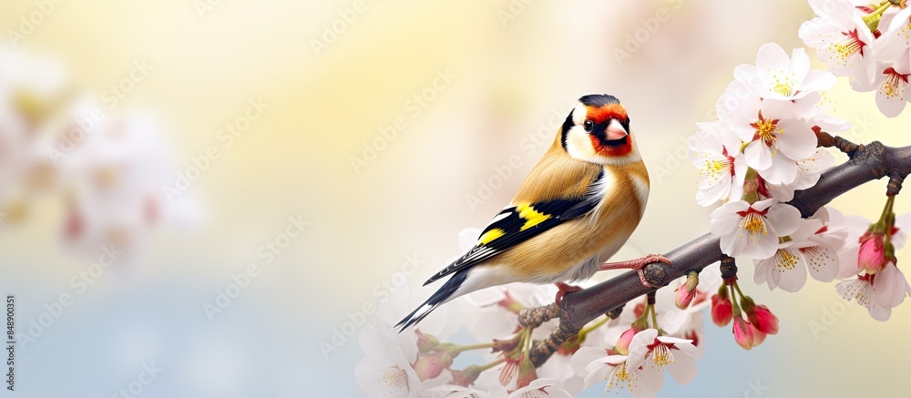 Sticker A solitary goldfinch Carduelis carduelis perched on a blooming branch with copy space image