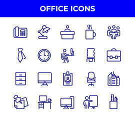 Simple Set of Office Related Vector Line Icons. Contains such Icons as Business Meeting, Workplace, Office Building, Reception Desk and more. DN11