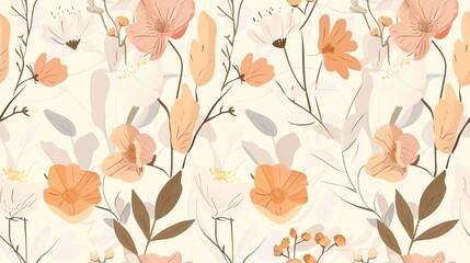 Elegant hand-drawn flora in soft pastel light pink, cream, and brown, seamless pattern design