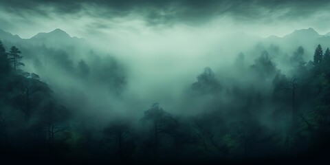 a foggy forest with tall and green trees