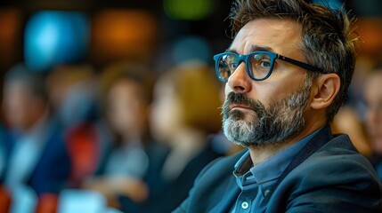 Fototapeta premium Focused Business Executive Listening Intently at High Profile Conference