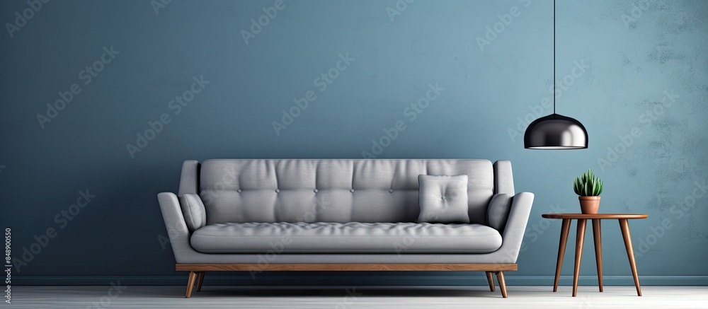 Canvas Prints Home interior decoration featuring a blue and grey wall background showcasing a sofa carpet table frame and desk style with a copy space image