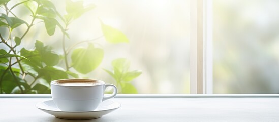 White cup of steaming morning coffee in sunlight from window on white table with copy space image