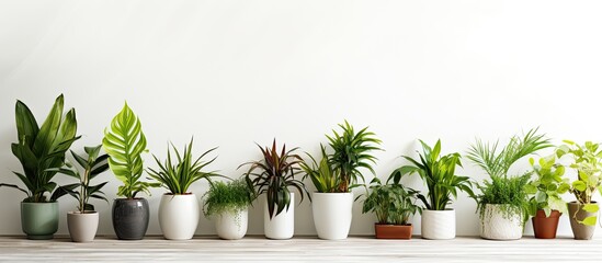 Obraz premium Home interior featuring various plants in different pots against a white wall copy space image
