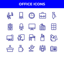 Simple Set of Office Related Vector Line Icons. Contains such Icons as Business Meeting, Workplace, Office Building, Reception Desk and more. DN6
