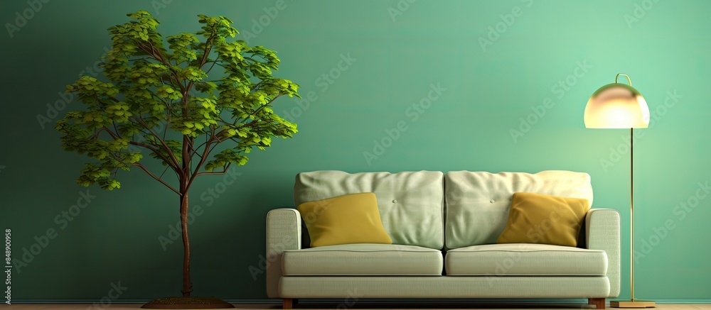 Wall mural An inviting living room setting featuring a comfortable sofa a stylish lamp and a vibrant green tree perfect for a copy space image