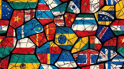 Seamless pattern of abstract national flags, hand-drawn with intricate details