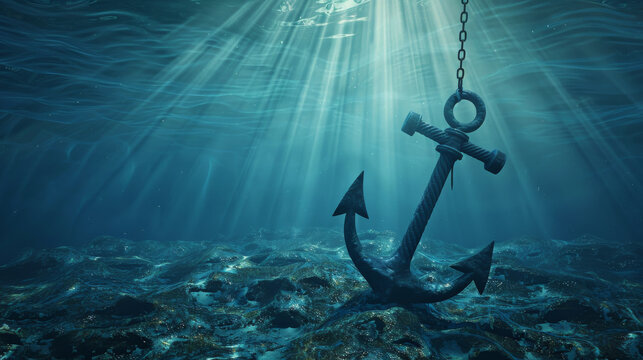 A sunken anchor lies on the ocean floor, surrounded by rocks and bathed in dappled sunlight, creating a hauntingly beautiful underwater scene.