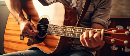 Man in casual jeans attire creating music on acoustic guitar in a bedroom setting with a copy space image