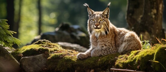 Lynx sitting in Pyrenees forest background with copy space image relates to wildlife conservation