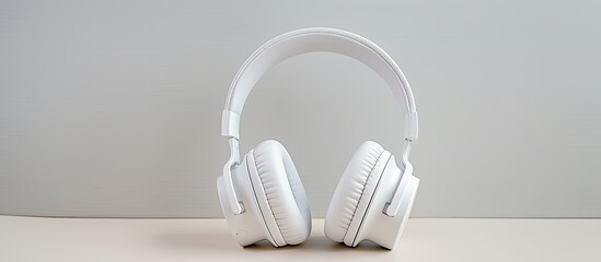 Headphones on a white table with copy space image for music enthusiasts
