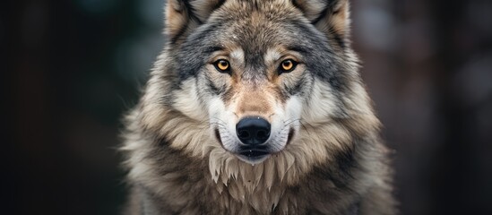 Fototapeta premium Wildlife conservation concept portrayed in a captivating image of a gray wolf with a mesmerizing gaze and copy space image included