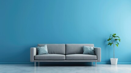 Cozy gray sofa facing blue wall