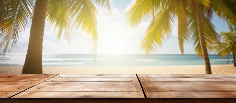 Wooden table on a tropical beach with sunshine creating a blurred backdrop for outdoor party design and showcasing products in copy space image