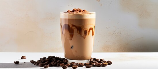 Trendy Dalgona coffee Instant coffee whipped in a glass with beans and shadow on a light backdrop ideal for copy space image with its popularity in mind