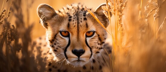 African cheetah peeking through wheat colored scrub grass with sunlight reflecting in eyes against a soft focus background Gorgeous copy space image