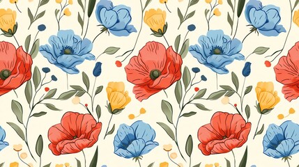 Soft pastel red, blue, and yellow floral design, hand-drawn seamless pattern