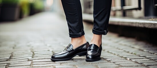 Close up of female legs in jeans wearing stylish black loafers shoes and socks showcasing trendy street style fashion with a copy space image