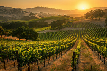 Naklejka premium Beautiful Sunset Sky in Napa Valley Wine Country on Spring Vineyards , Mountains.