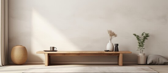 A wooden table sits on a carpet in a minimalist living room with a grey sofa door and copy space image