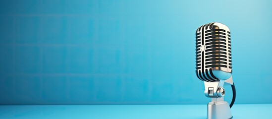 Radio microphone on a blue background symbolizing podcasting online radio streaming entertainment and communication with a copy space image