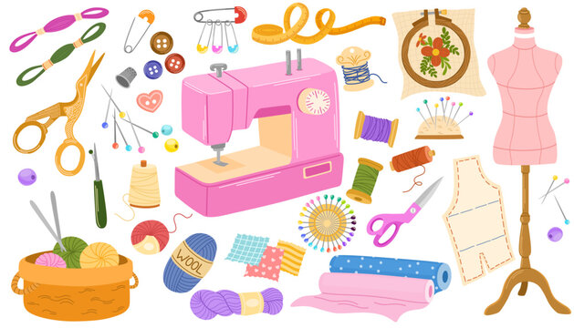 Sewing and embroidery collection. Sewing machine, threads and needles for needlework. Vector illustrations of sewing tools, equipment and accessories