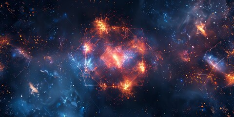 Fototapeta premium A hexagon, mystical design inspired by the I Ching, with ancient Chinese symbols and hexagrams. surrounded by an intricate pattern of trigrams. The background is a gradient of deep blues and purples, 
