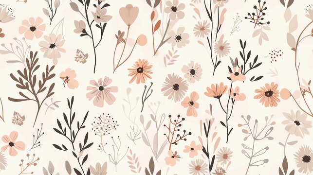 Fototapeta Whimsical hand-drawn flora in seamless pattern, pastel light pink, cream, and brown colors